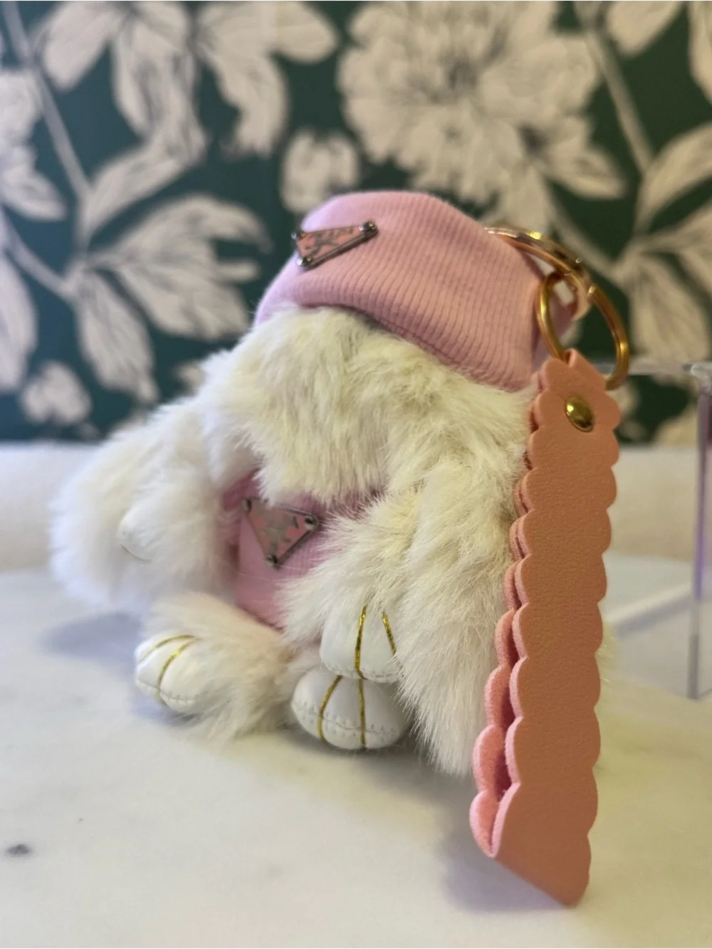 Fashion Furry Bunny Bag Charm with Logo Dress, Bow & Wristlet Strap
